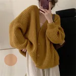 V-neck Knitted Cardigan Women's Thick Needle Loose Sweater - Turmeric
