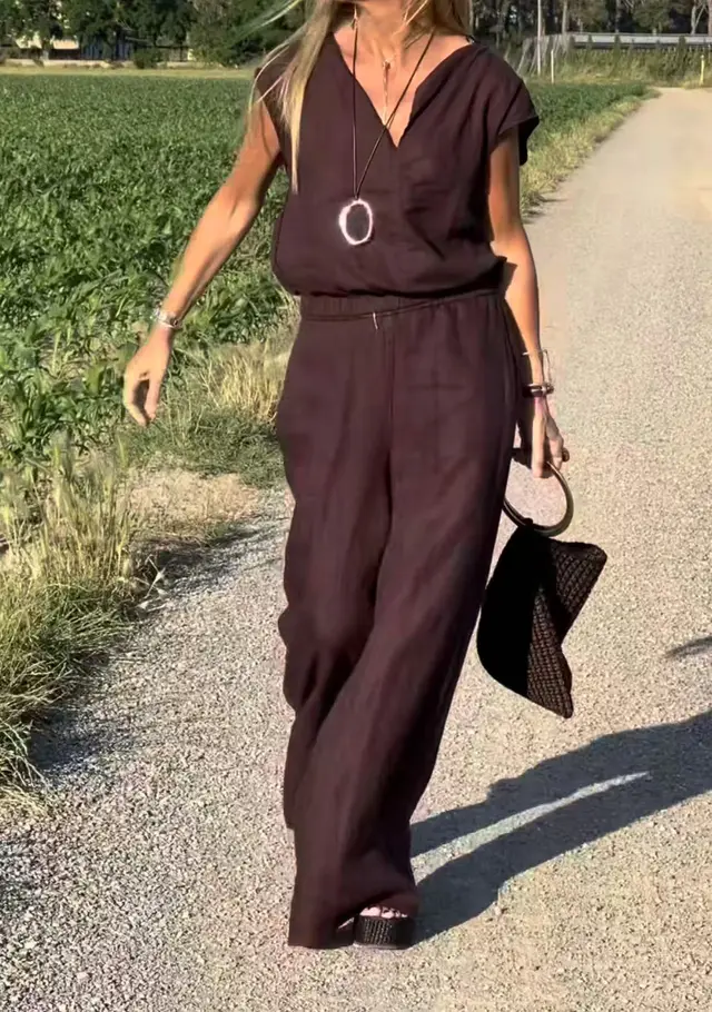 Cotton Linen Sleeveless Casual Vest Trousers Two piece Set Brown - Shop at LoveMi
