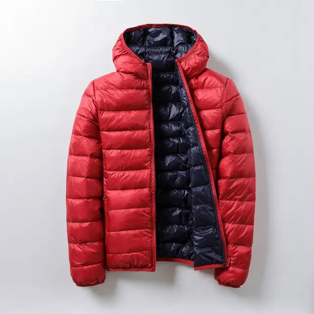 Thin Lightweight Short Type White Duck Down Thin Hooded Jacket Red Navy Blue - Shop at LoveMi