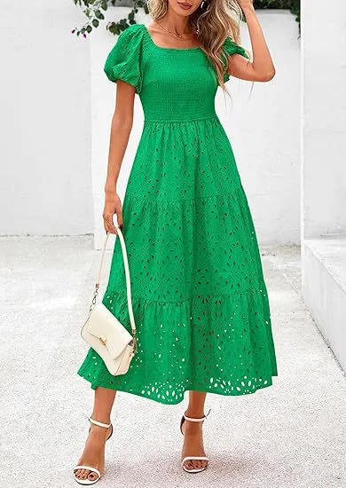 Square Collar Puff Sleeve Pleating Mesh Short Sleeve Dress Emerald Green - Shop at LoveMi
