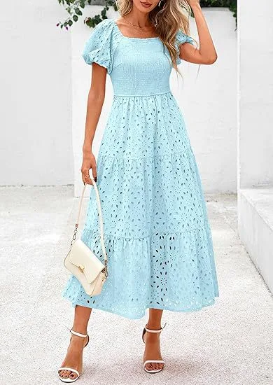 Square Collar Puff Sleeve Pleating Mesh Short Sleeve Dress Light Blue - Shop at LoveMi