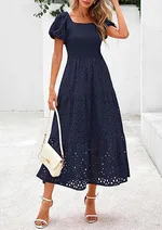Square Collar Puff Sleeve Pleating Mesh Short Sleeve Dress - Navy Blue