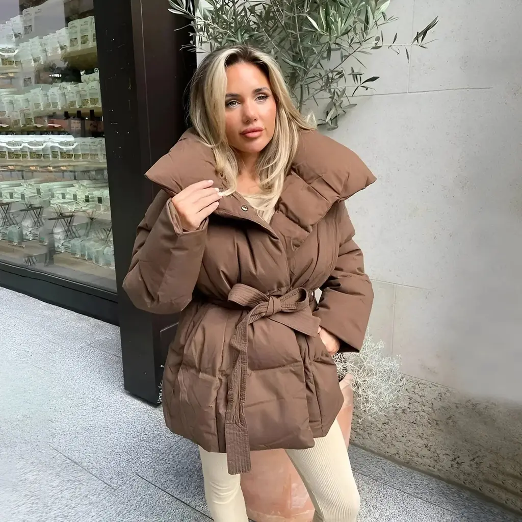 Winter Thickened Jacket Fashion Lapel Cotton Coat With Belt Warm Casual Top Outwear Women's Clothing - Brown