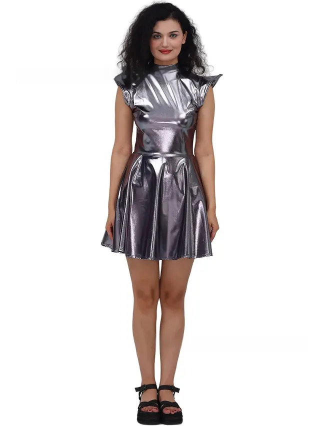 Halloween Costume Bronzing Patent Leather Solid Color Dress Gray - Shop at LoveMi
