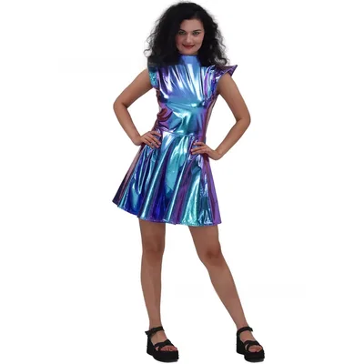 Halloween Costume Bronzing Patent Leather Solid Color Dress Laser Blue - Shop at LoveMi