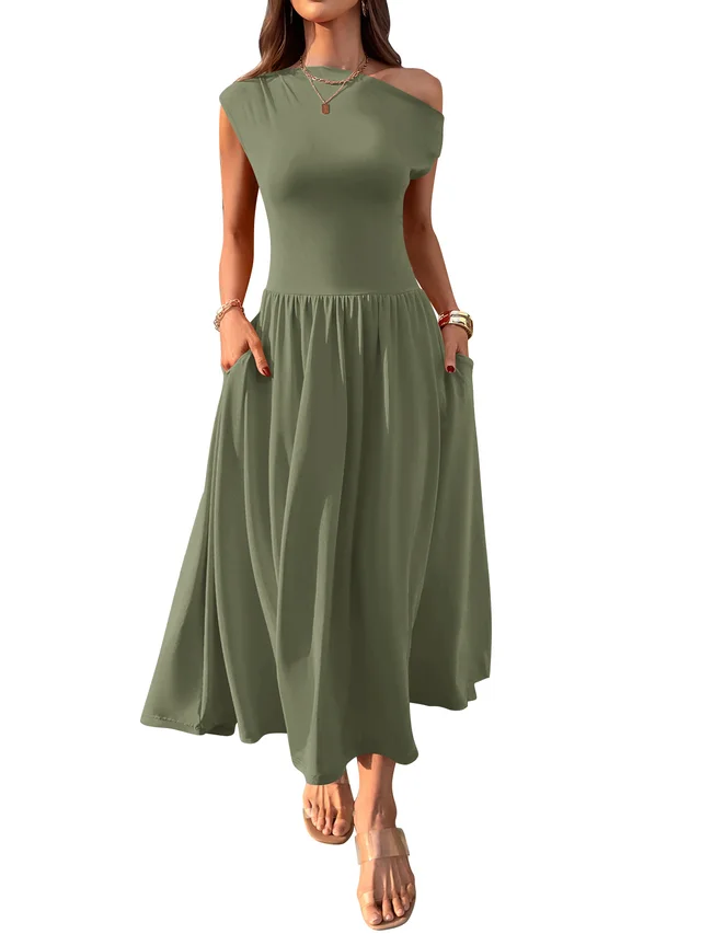 Slant Shoulder Sexy Waist Trimming Long With Pocket Dress Army Green - Shop at LoveMi