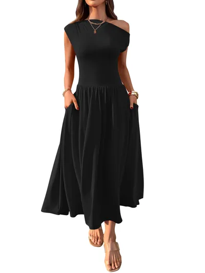 Slant Shoulder Sexy Waist Trimming Long With Pocket Dress Black - Shop at LoveMi