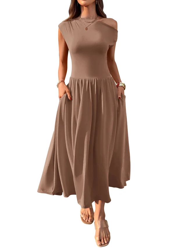 Slant Shoulder Sexy Waist Trimming Long With Pocket Dress Brown - Shop at LoveMi