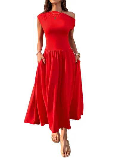 Slant Shoulder Sexy Waist Trimming Long With Pocket Dress Red - Shop at LoveMi