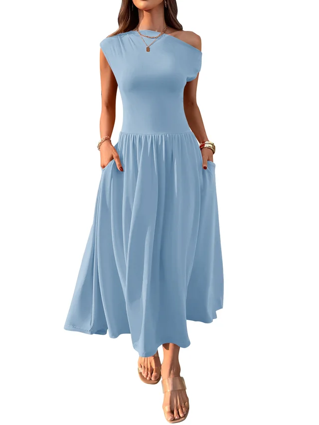 Slant Shoulder Sexy Waist Trimming Long With Pocket Dress Sky Blue - Shop at LoveMi