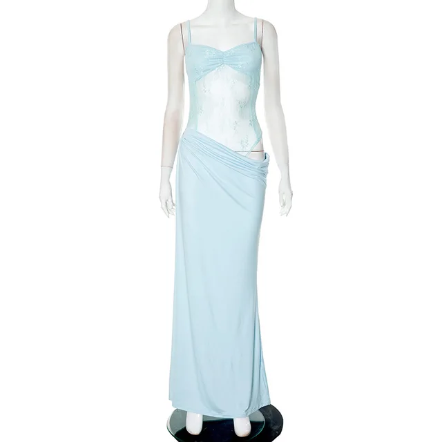 Solid Color Lace Tight Stitching Dress Blue - Shop at LoveMi