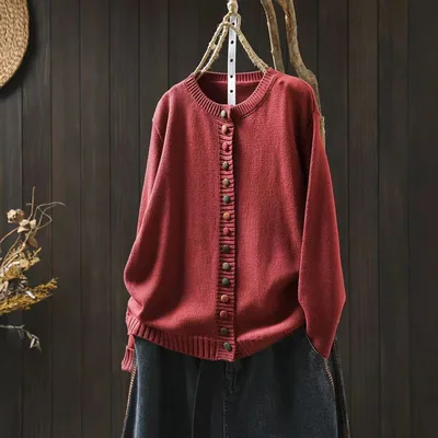 Women's Cotton Knitted Cardigan With Color Buckle Fashion Loose Red - Shop at LoveMi