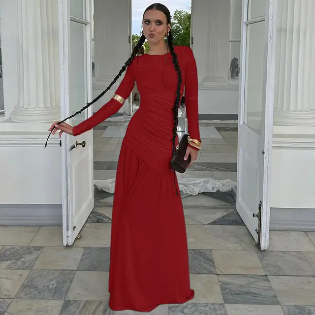 Women's Solid Color Fashion Slim fit Pleated Round neck Long sleeved Dress Red - Shop at LoveMi