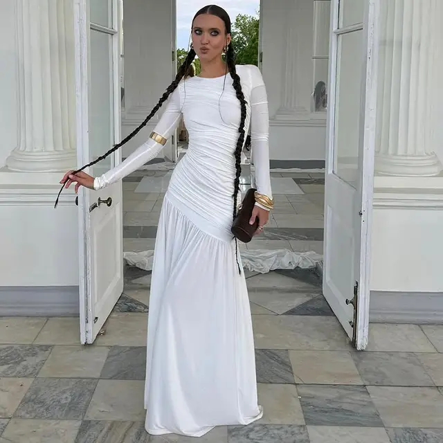 Women's Solid Color Fashion Slim fit Pleated Round neck Long sleeved Dress White - Shop at LoveMi