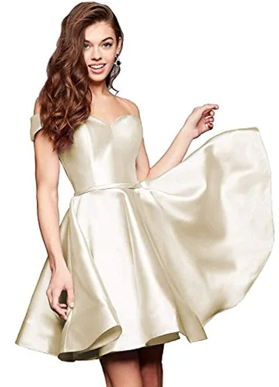 Off the shoulder Short Slimming Satin Ball Dress Champagne - Shop at LoveMi