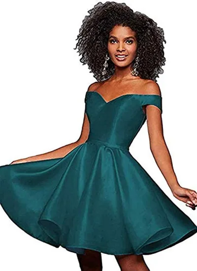 Off the shoulder Short Slimming Satin Ball Dress Cyan Teal - Shop at LoveMi