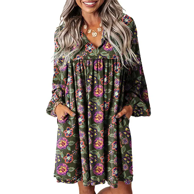 Women's Casual All matching Printed V neck Long sleeve Dress Color - Shop at LoveMi