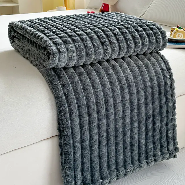 Household Mixed Color Fur Dehaired Angora Plaid Striped Blanket Dark Gray - Shop at LoveMi