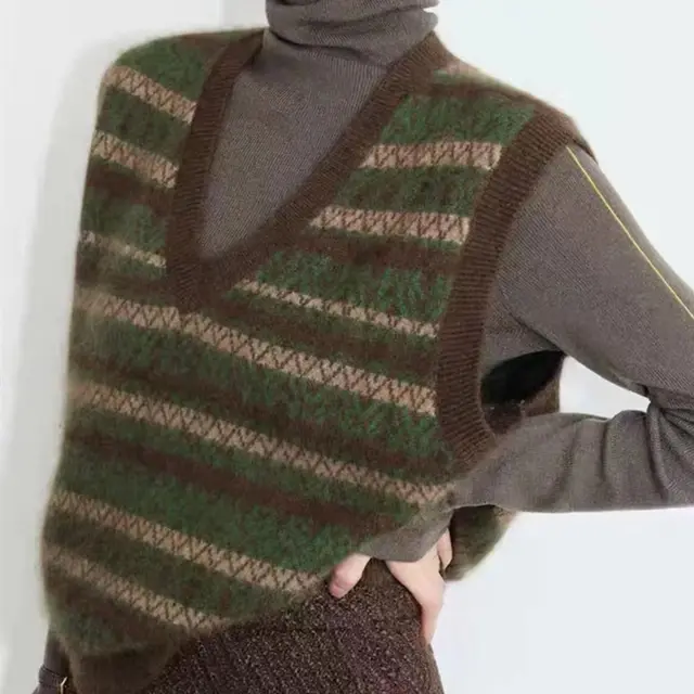 Knitted Vest Women's Outer Wear Retro V neck Sweater Brown - Shop at LoveMi