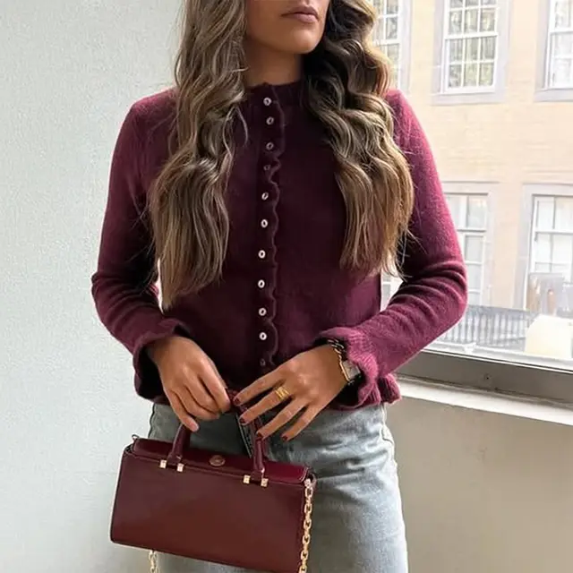 Vacation Style Solid Color Wool Button Long sleeved Top Wine Red - Shop at LoveMi
