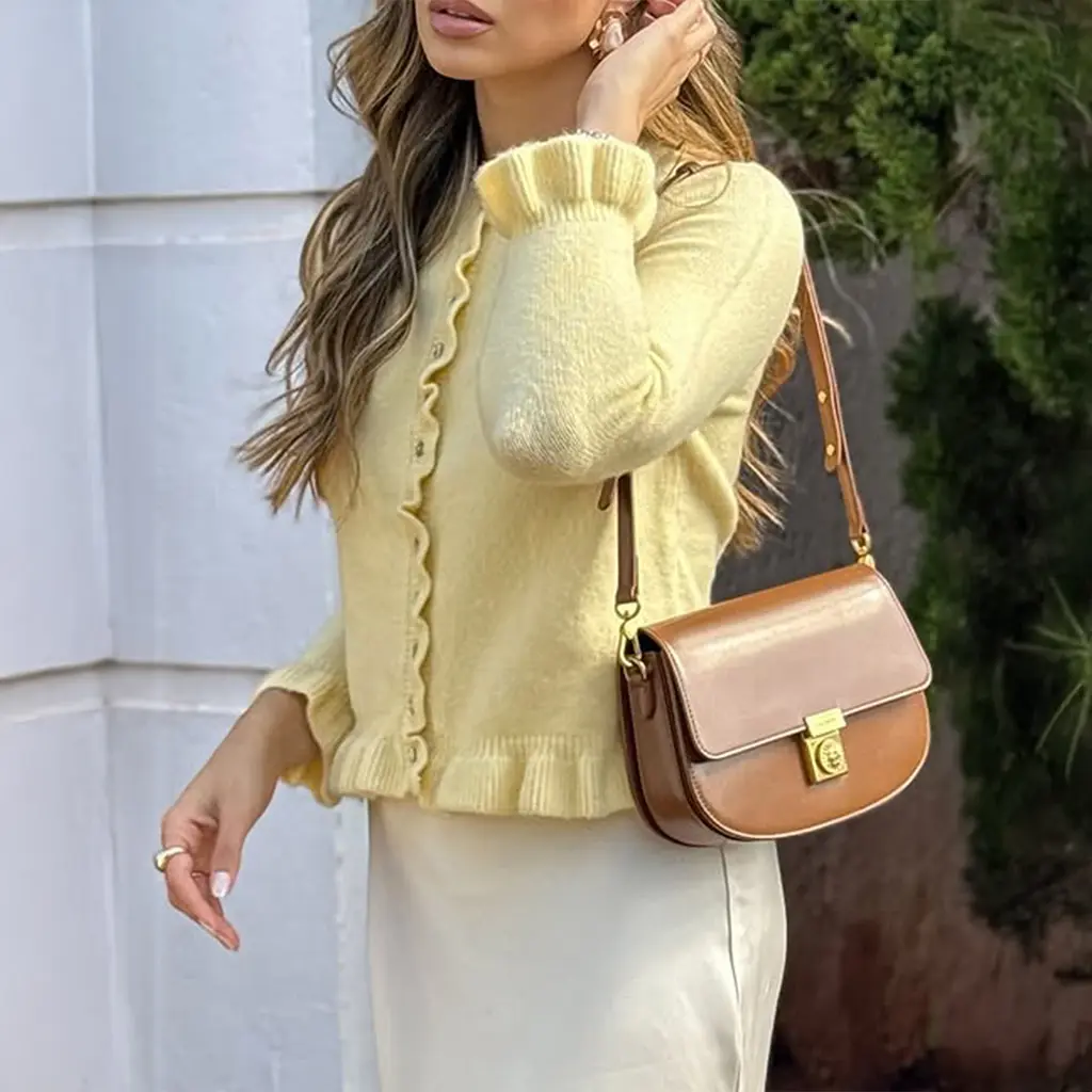 Vacation Style Solid Color Wool Button Long-sleeved Top - Yellow