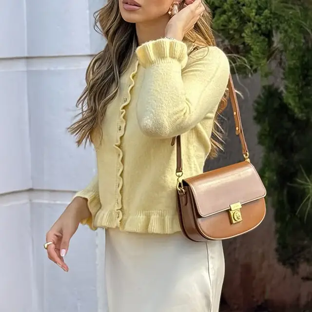 Vacation Style Solid Color Wool Button Long sleeved Top Yellow - Shop at LoveMi