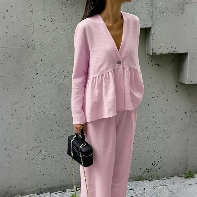T shirt Straight leg Pants Two piece Suit Women's Clothing Pink - Shop at LoveMi