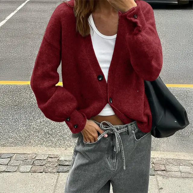 Solid Color Long sleeved Sweater Woolen Women's Clothing Wine Red - Shop at LoveMi