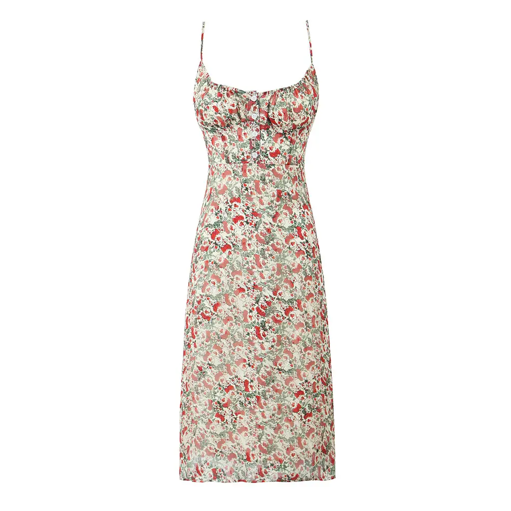 Printed Sling Slim Fit Backless Mid-length Dress - Small Floral - View 1