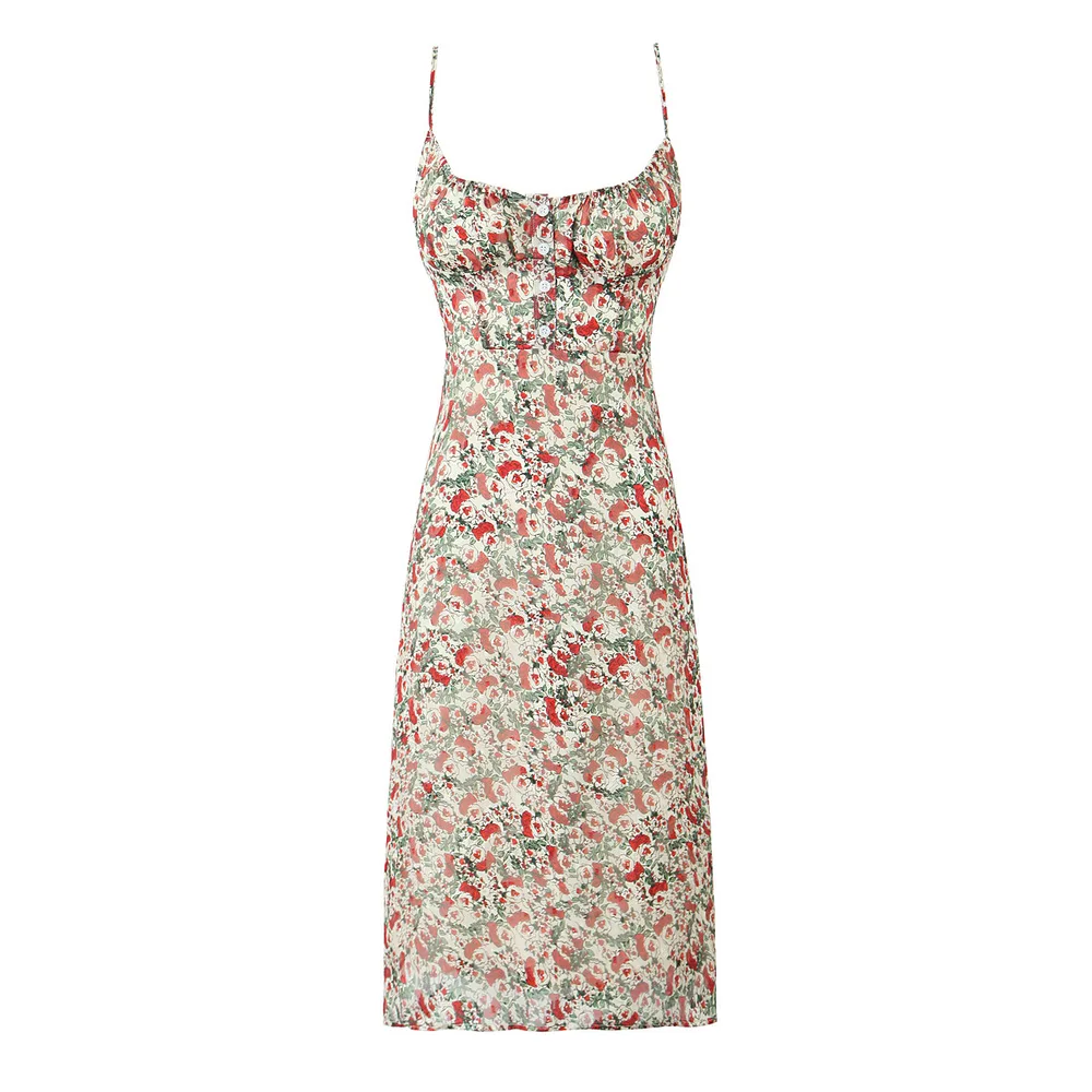 Printed Sling Slim Fit Backless Mid-length Dress - Small Floral