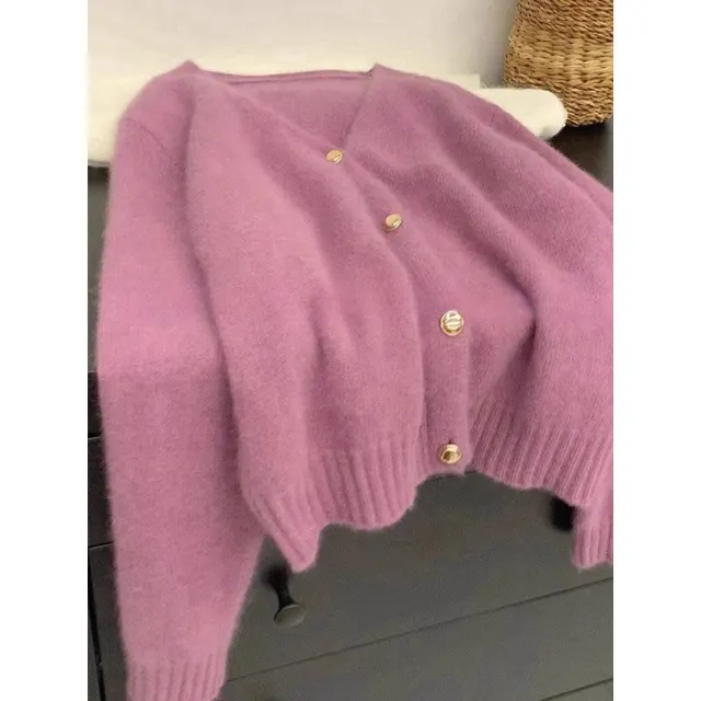 Women's Solid Color Gold Buckle Soft Glutinous Sweater Coat Purple - Shop at LoveMi