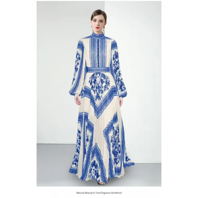 European And American Elegant Stand up Collar Puff Sleeve Positioning Printed Waist controlled Pleated Puffy Long Dress Blue - Shop at LoveMi