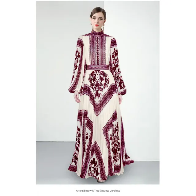European And American Elegant Stand up Collar Puff Sleeve Positioning Printed Waist controlled Pleated Puffy Long Dress Wine Red - Shop at LoveMi