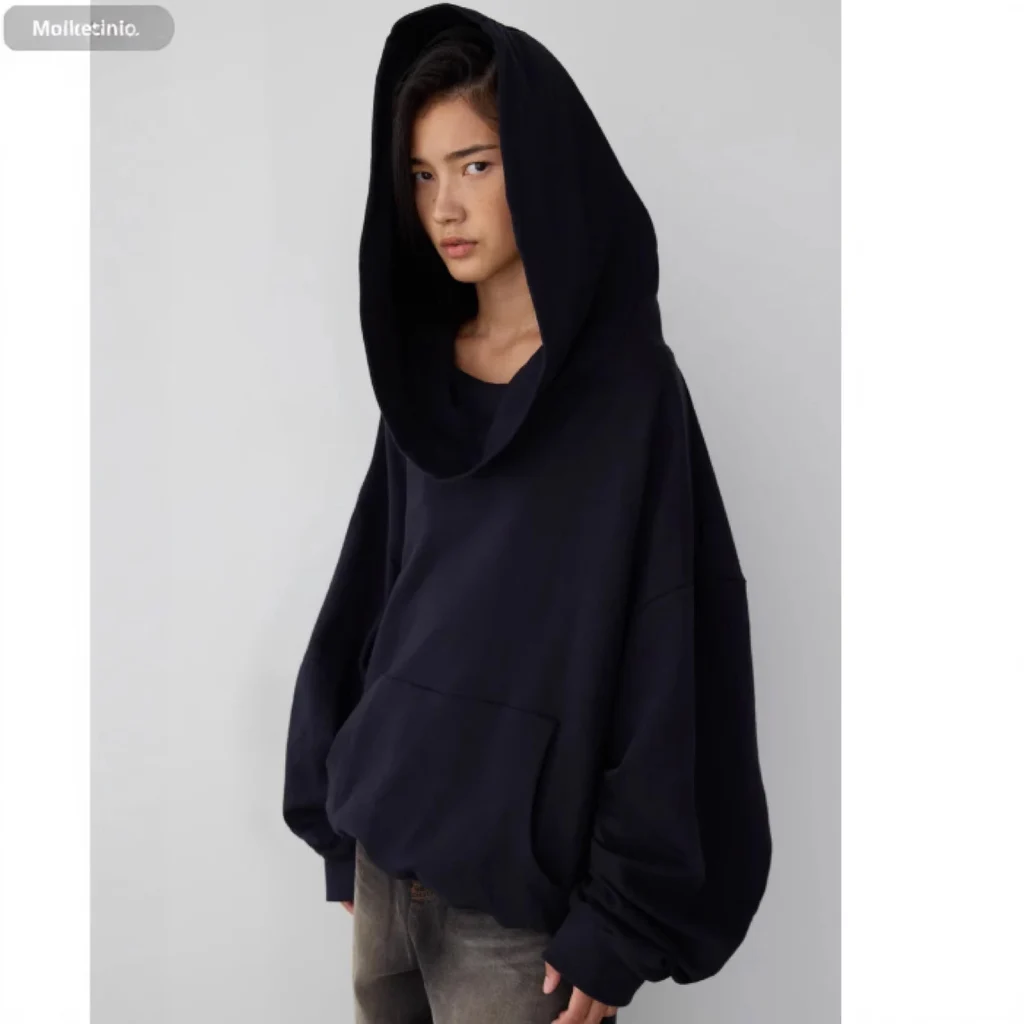 Single-layer Fleece-lined Hooded Sweater American Casual Short - Navy Blue