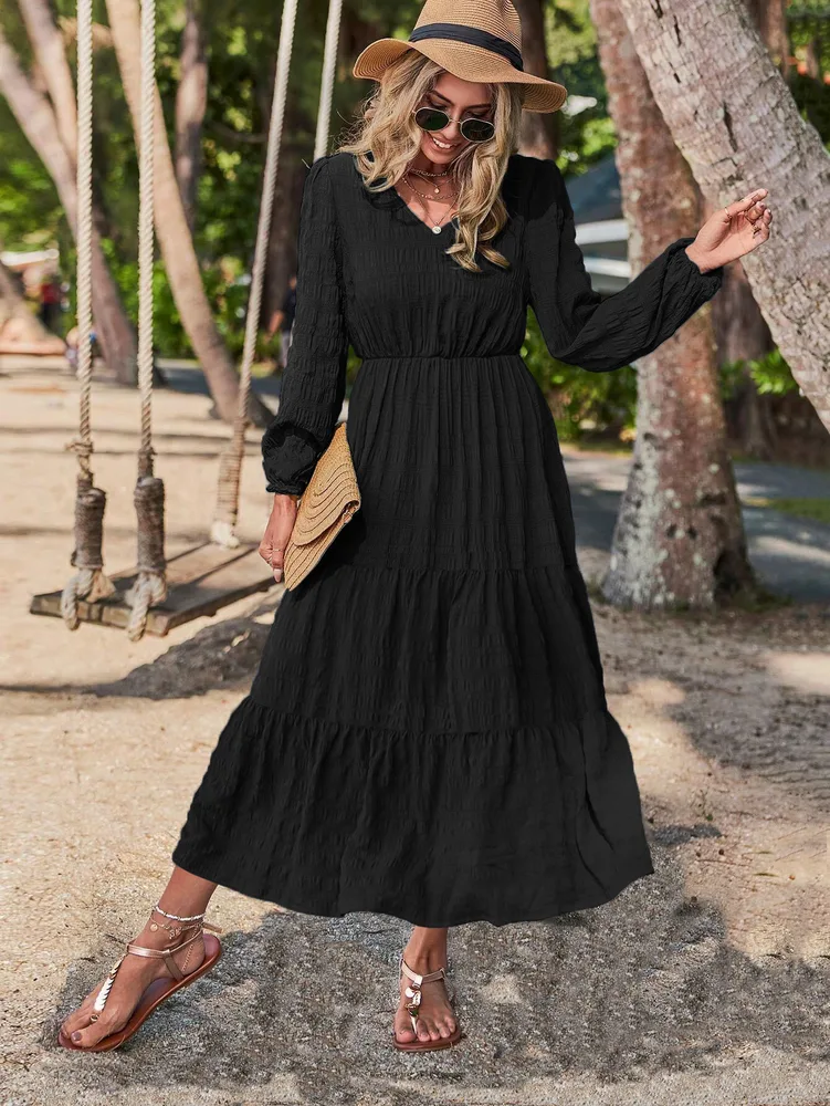 New Spring Style Lantern Sleeve Stitching Women's Clothing Dress - Black