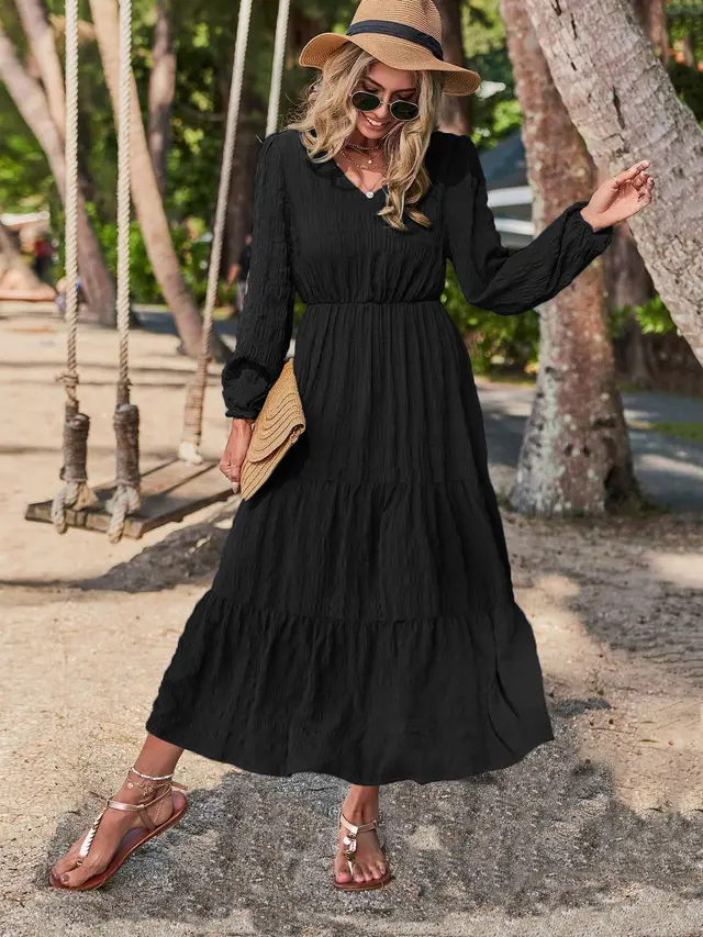 New Spring Style Lantern Sleeve Stitching Women's Clothing Dress Black - Shop at LoveMi