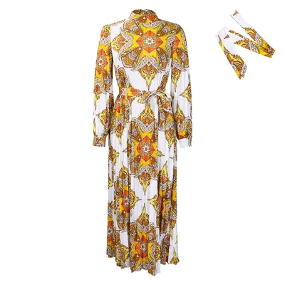 Fashion Women's Wear Printed Long Sleeve Pleated Dress Yellow - Shop at LoveMi