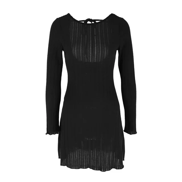 Long Sleeve Knitted Backless High Waist Lace up Dress Black - Shop at LoveMi