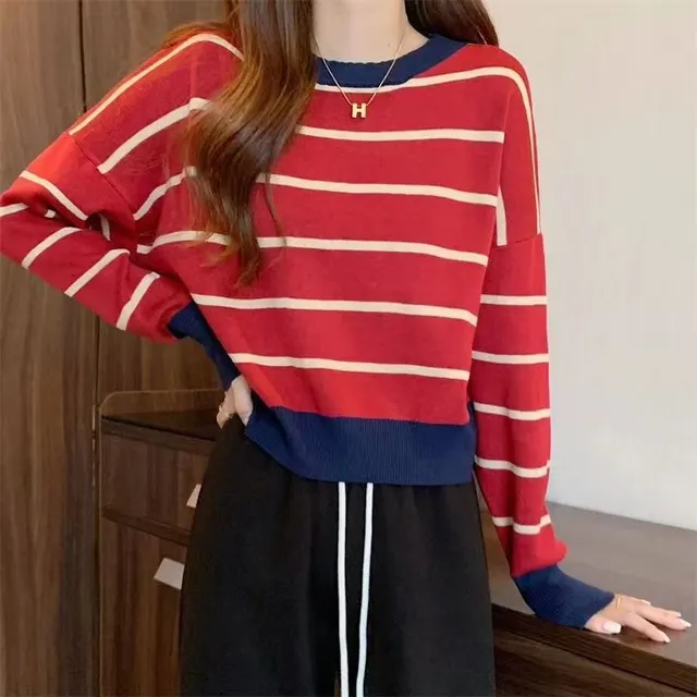Round Neck Striped Pullover Short Long Sleeve Slim Fit Purplish Red - Shop at LoveMi