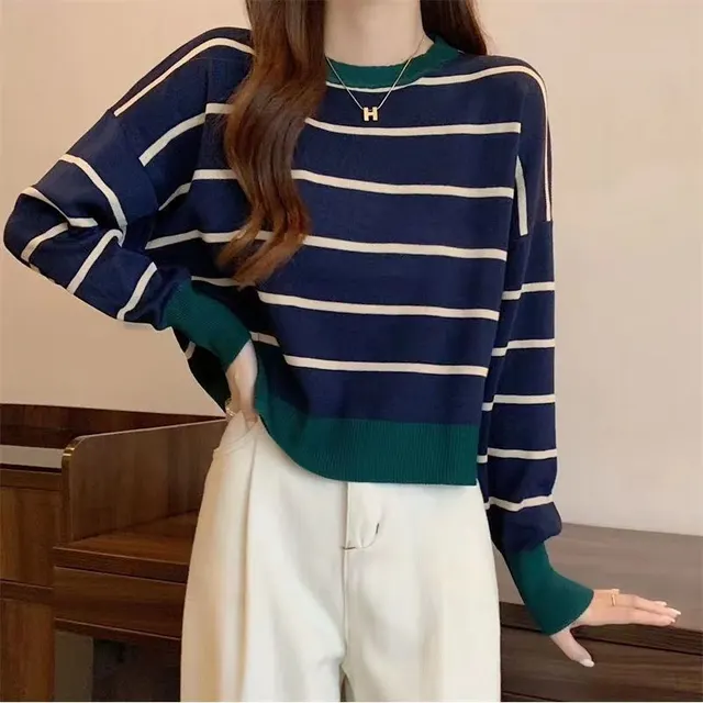 Round Neck Striped Pullover Short Long Sleeve Slim Fit Sapphire Blue - Shop at LoveMi