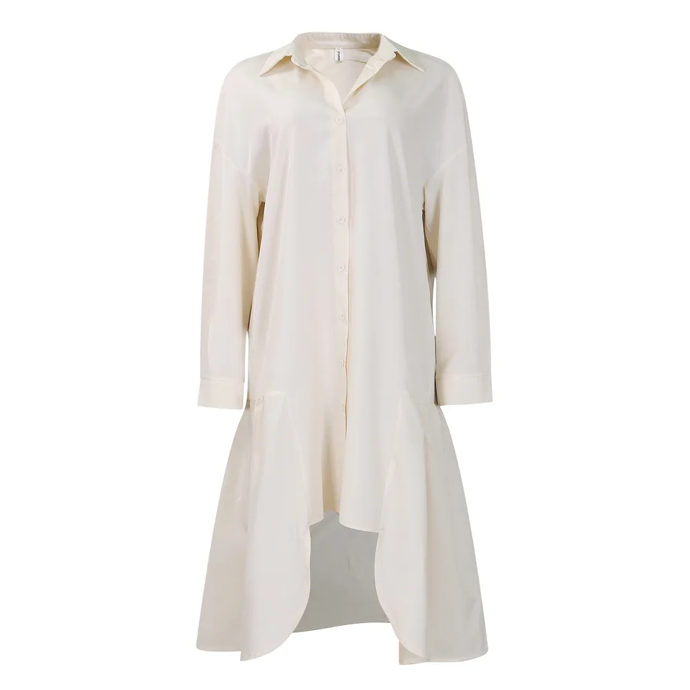 Loose fitting Long Sleeves Irregular Midi Dress Solid Color Apricot - Shop at LoveMi