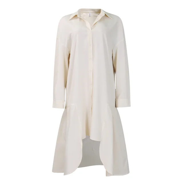 Loose fitting Long Sleeves Irregular Midi Dress Solid Color Apricot Beige - Shop at LoveMi