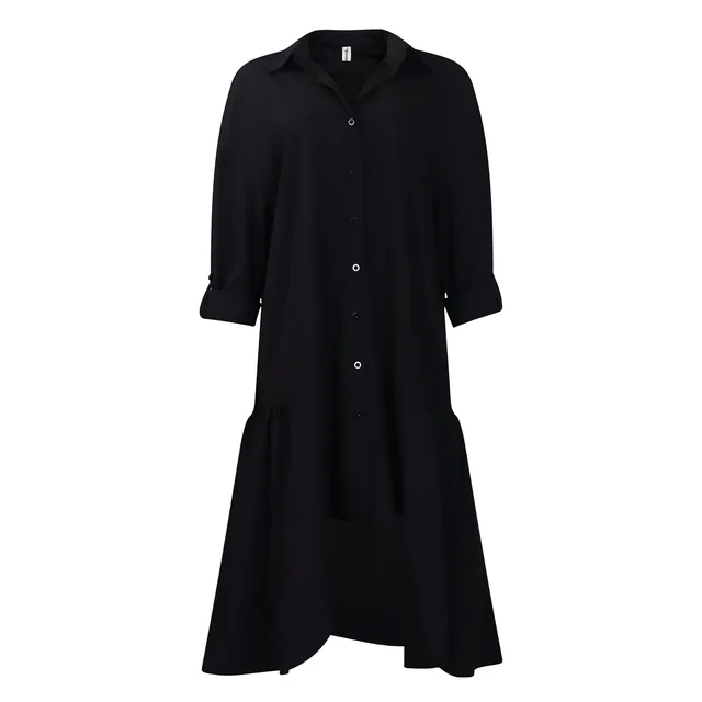 Loose fitting Long Sleeves Irregular Midi Dress Solid Color Black - Shop at LoveMi