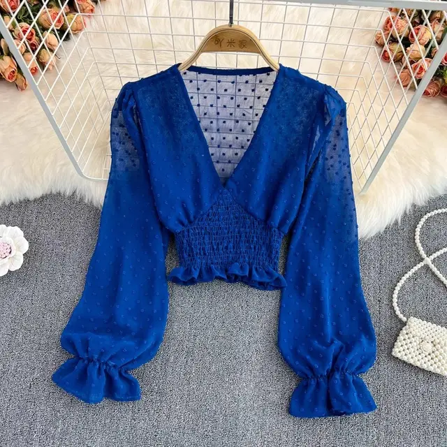 V neck Cross Slim Fit Polka Dot Chiffon Shirt Western Style Waist slimming Short Blue - Shop at LoveMi