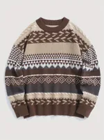 Pullover Round Neck Long Sleeves Contrast Color Diamond Patterns Sweater - Brown
