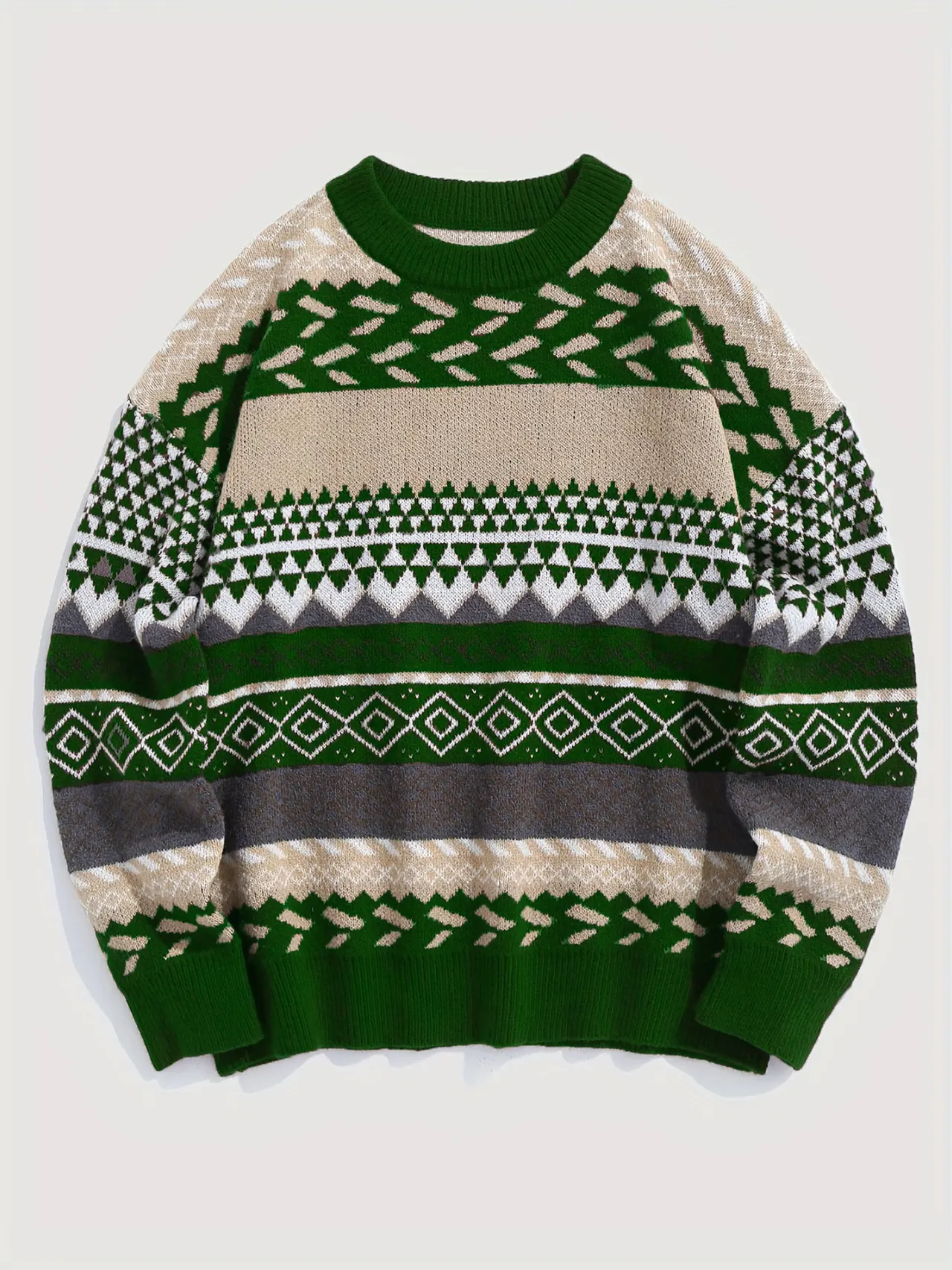 Pullover Round Neck Long Sleeves Contrast Color Diamond Patterns Sweater - Green