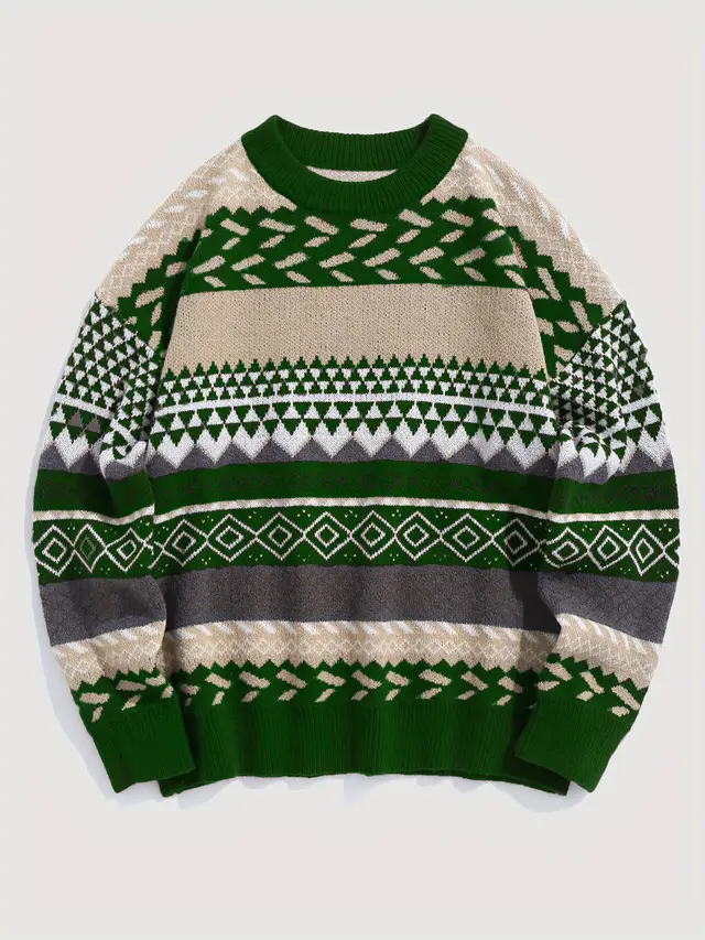 Pullover Round Neck Long Sleeves Contrast Color Diamond Patterns Sweater Green - Shop at LoveMi
