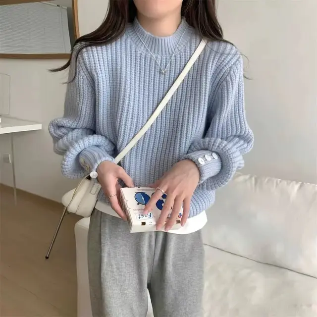 Retro Crew Neck Knitwear Women's Inner Sky Blue - Shop at LoveMi