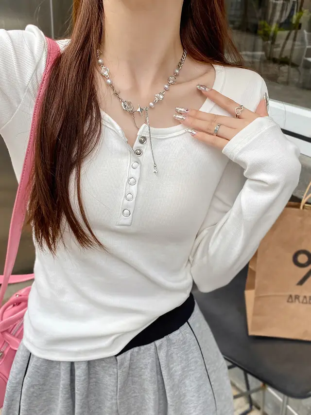 Women's Solid Color Casual Button Round Neck Top White - Shop at LoveMi