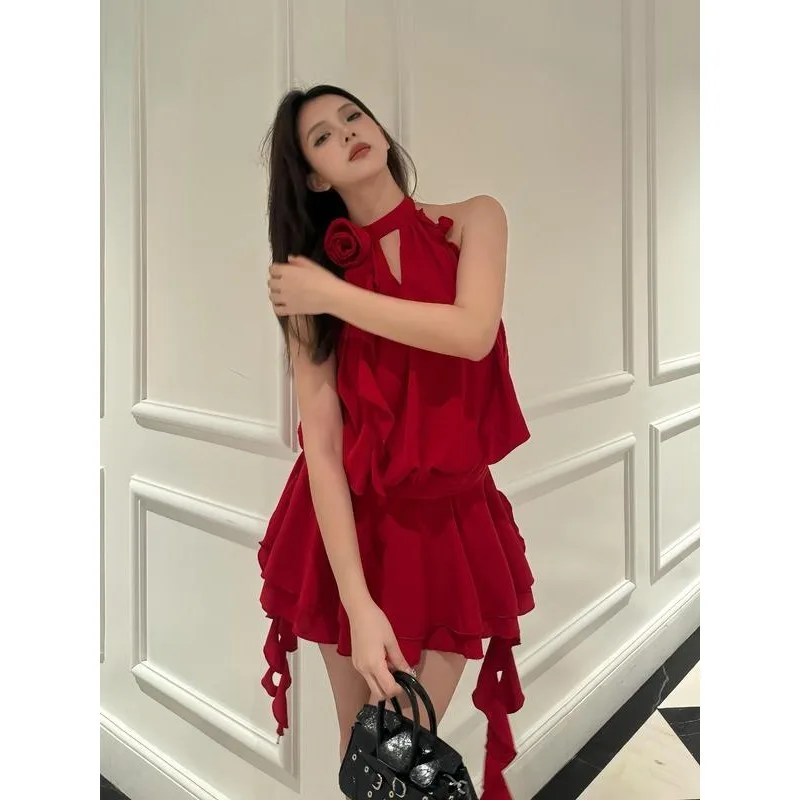 French Style Temperament High-grade Flower Halter Backless Dress - Red - View 1